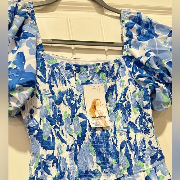 PRETTYGARDEN Womens Summer Puffy Short Sleeve Square Neck Smocked Tiered Ruffle - Picture 9 of 15